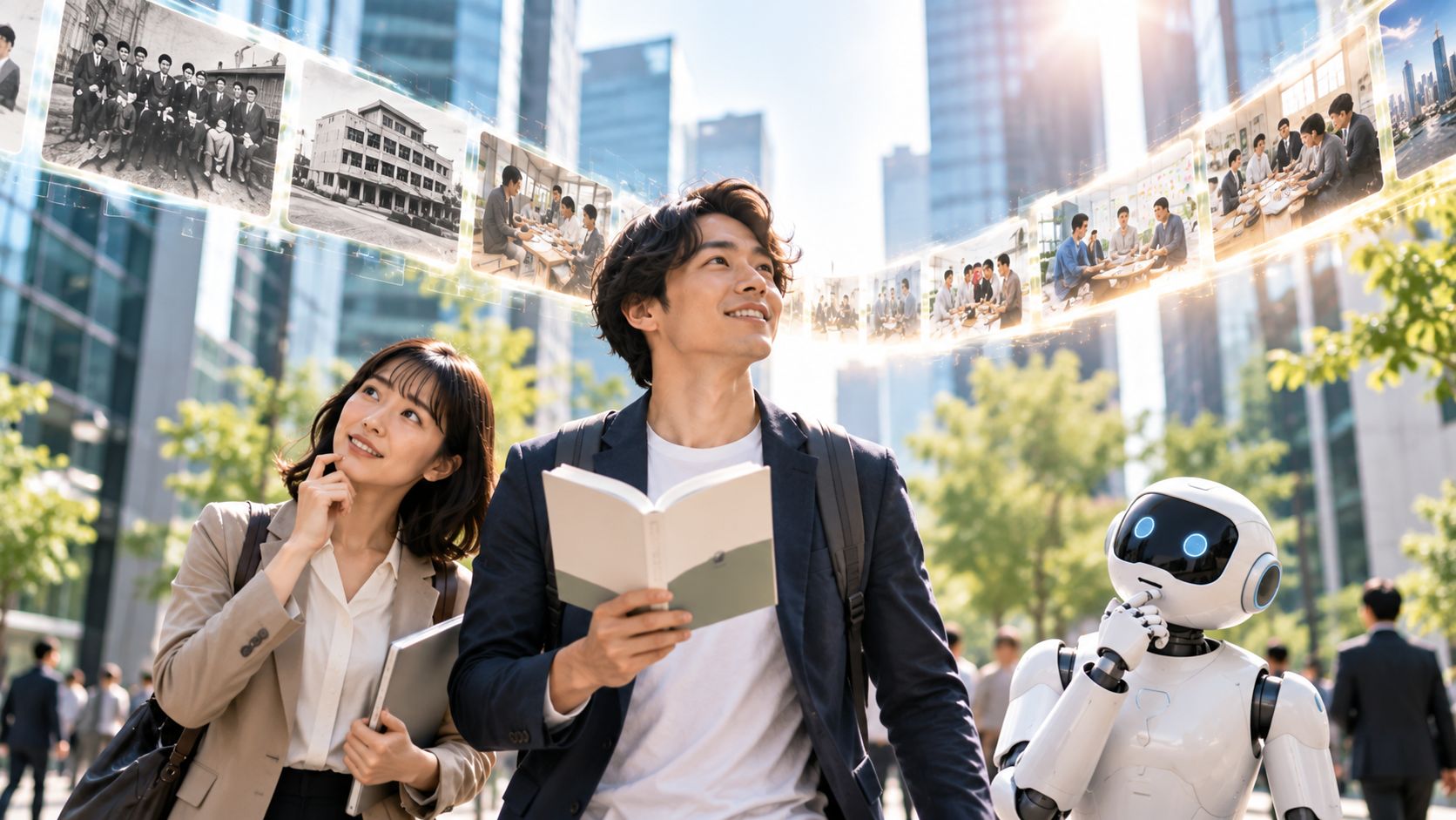 社史を手に、会社の歩みを見上げる人々とAI